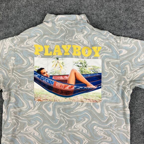 Playboy Button Shirt Mens Medium Gray Marbled Print Short Sleeve Resort Casual - Picture 1 of 9